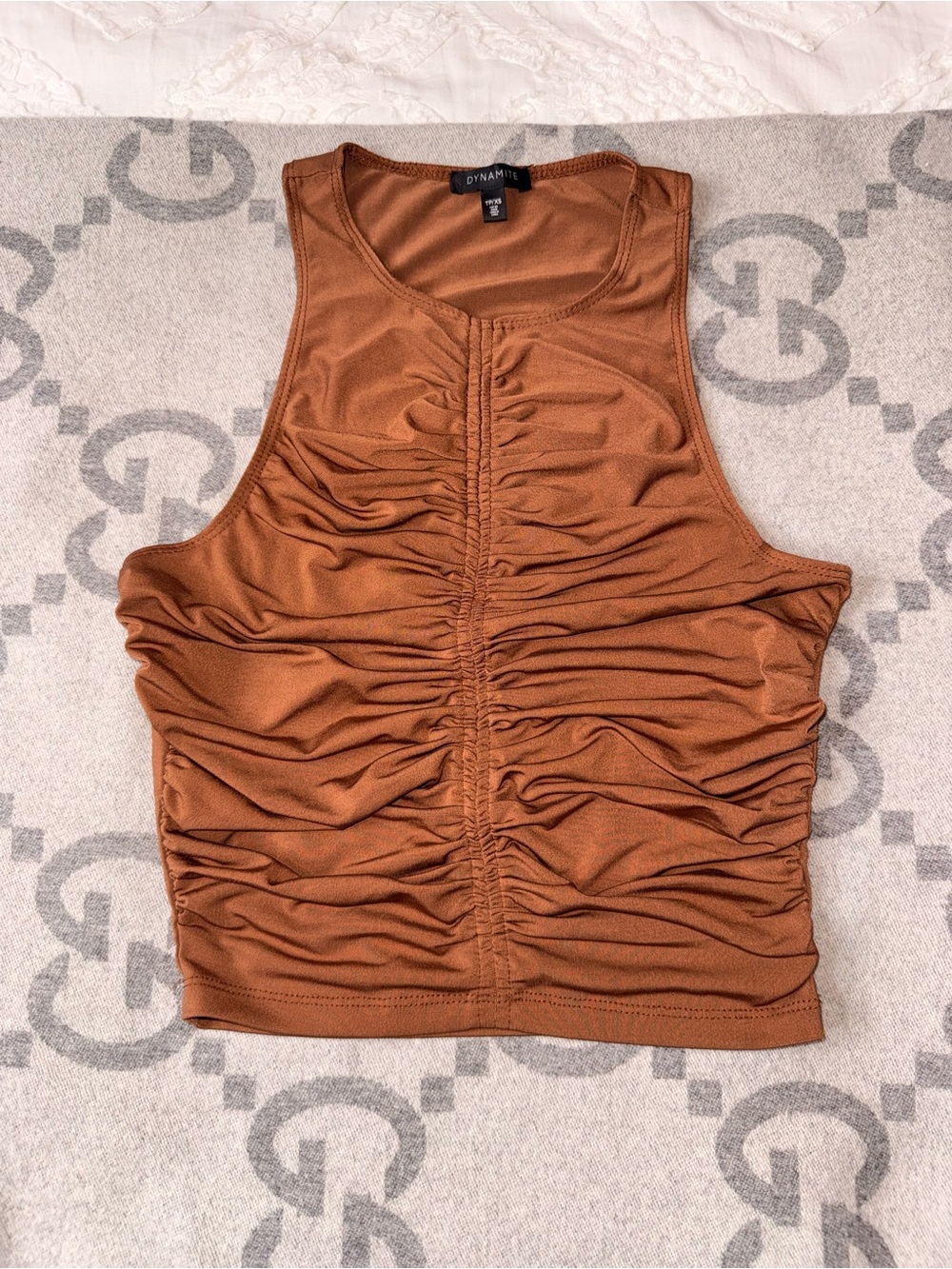 Dynamite Ruched Crop Tank Top - Brown - Picture 2 of 7